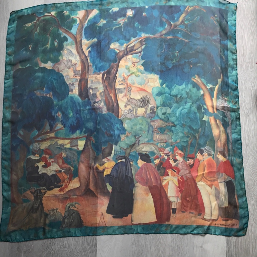 SQUARE CHIFFON SEMI SHEER SCARF WATERCOLOR PEOPLE AT FESTIVAL